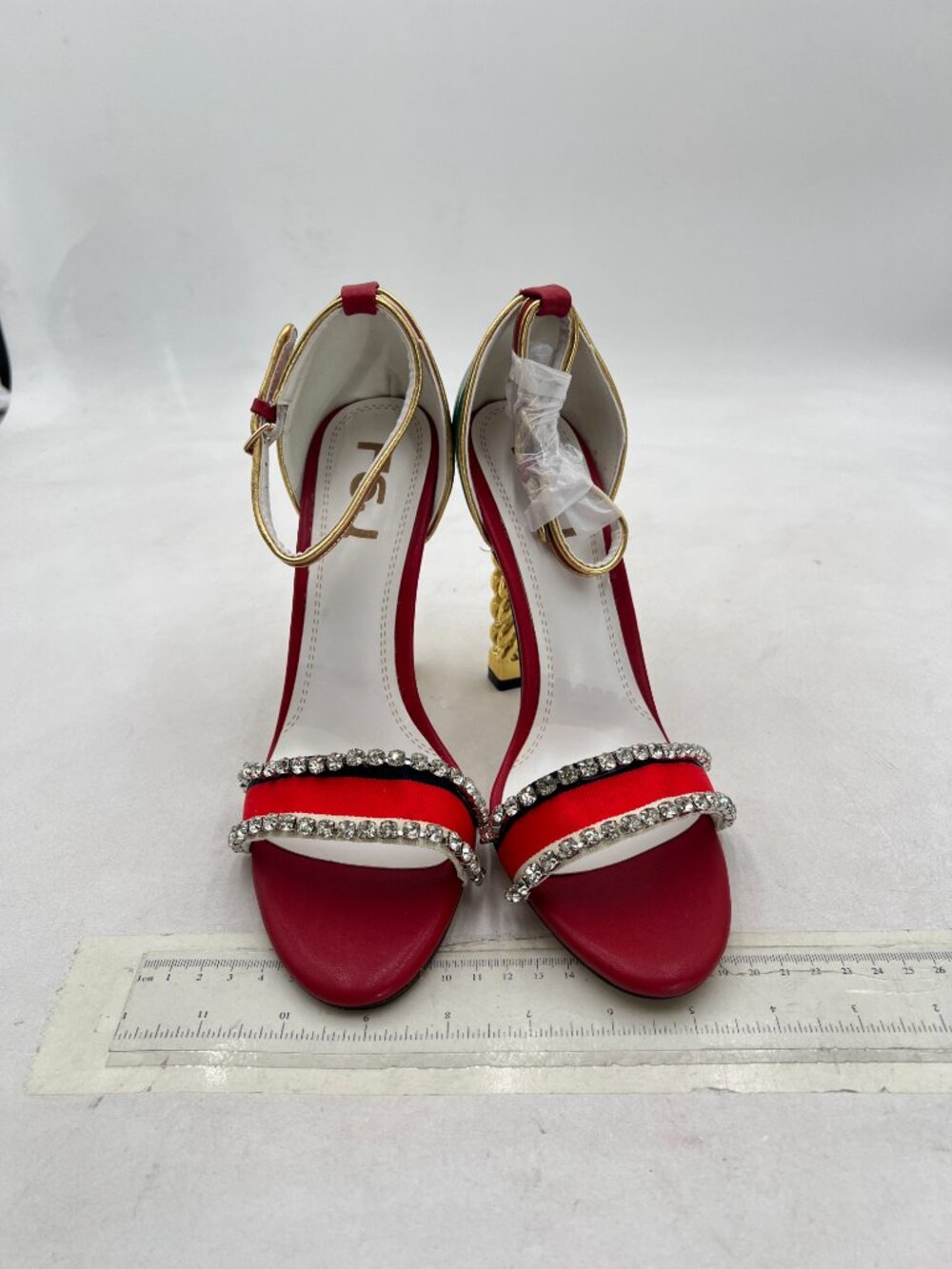 FSJ Red Green Gold Metal Chain Chunky High Heels Ankle Strap Open Toe Sandals - Picture 3 of 8